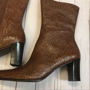 Alda Brazilian Brown Embossed Leather Boots, 9.5